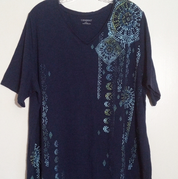 Catherines navy blue vneck graphic short sleeve top women's 1X - Picture 1 of 6